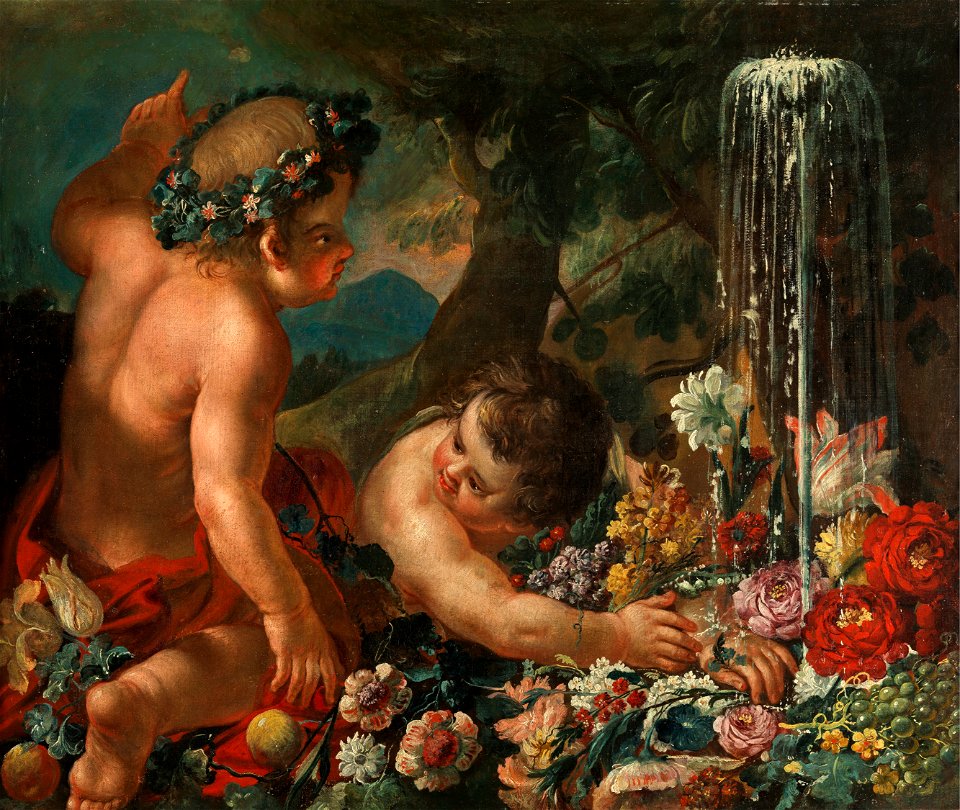 Abraham Brueghel and Guillaume Courtois - Two putti with flowers near a fountain (cropped)