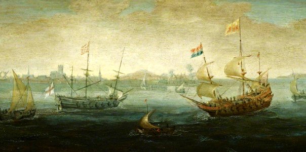 Abraham de Verwer (c.1580-1650) - A Dutch and an English Ship off a Harbour - BHC0732 - Royal Museums Greenwich