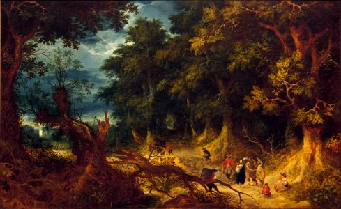 Abraham Govaerts - Wooded Landscape with Gipsy Women. Free illustration for personal and commercial use.