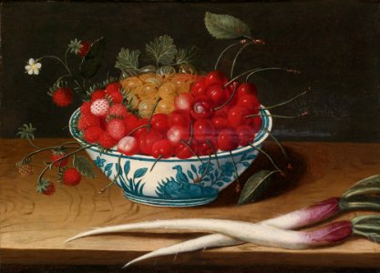 Abraham Gibbens Still Life with Strawberries, Cherries and Gooseberries In a Blue And