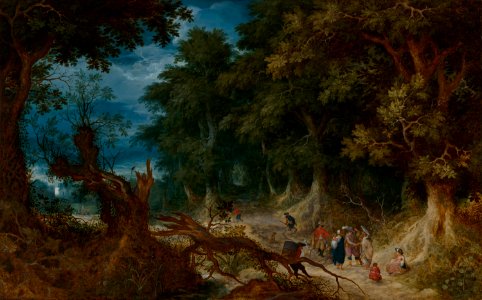 Abraham Govaerts - Wooded Landscape with Hunters and Fortune Teller - 45 - Mauritshuis. Free illustration for personal and commercial use.