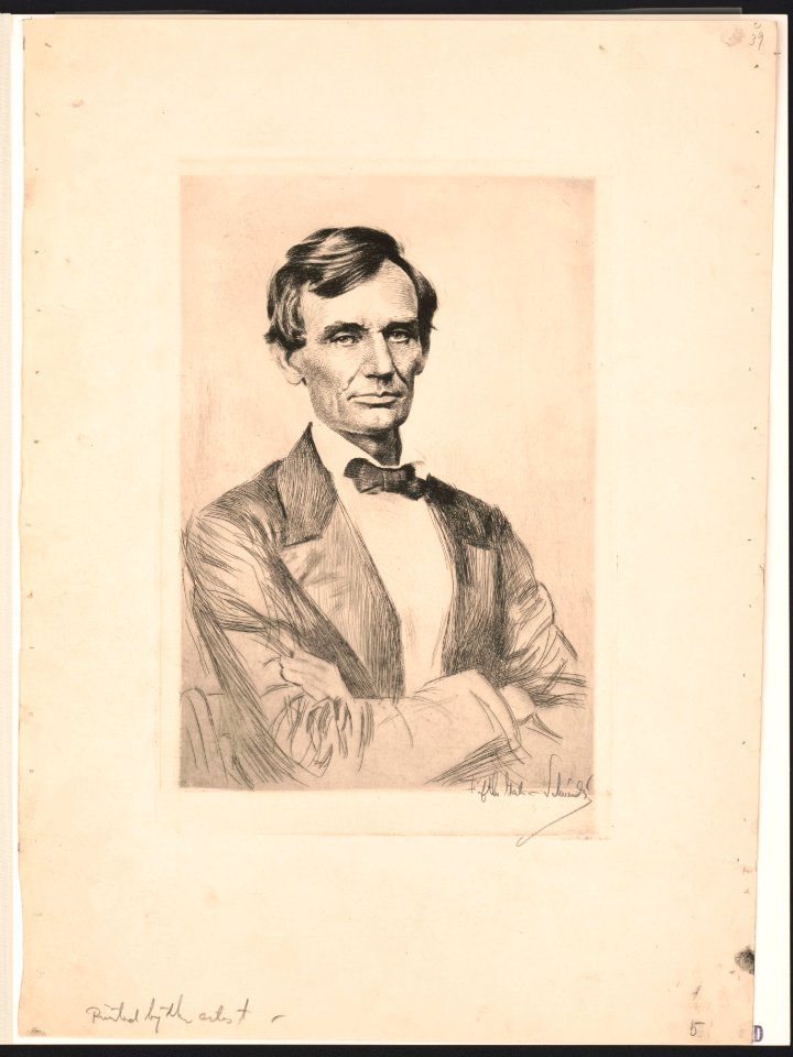 Abraham Lincoln, half-length portrait, facing front, arms folded across chest, seated in chair LCCN2003674326