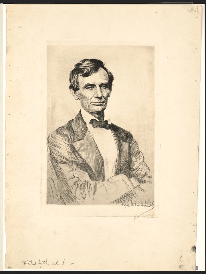 Abraham Lincoln, half-length portrait, facing front, arms folded across chest, seated in chair LCCN2003674326