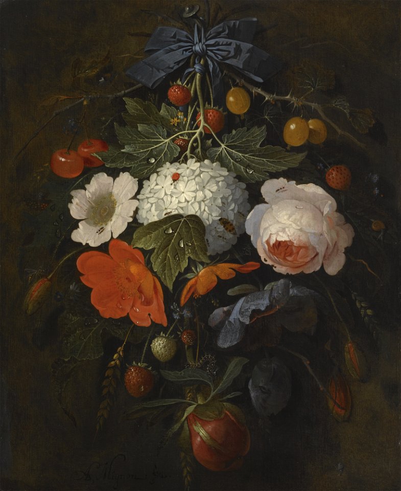 Abraham Mignon - Festoon of flowers and fruit, along with a variety of insects