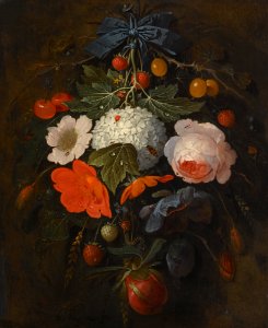 Abraham Mignon - Festoon of flowers and fruit, along with a variety of insects