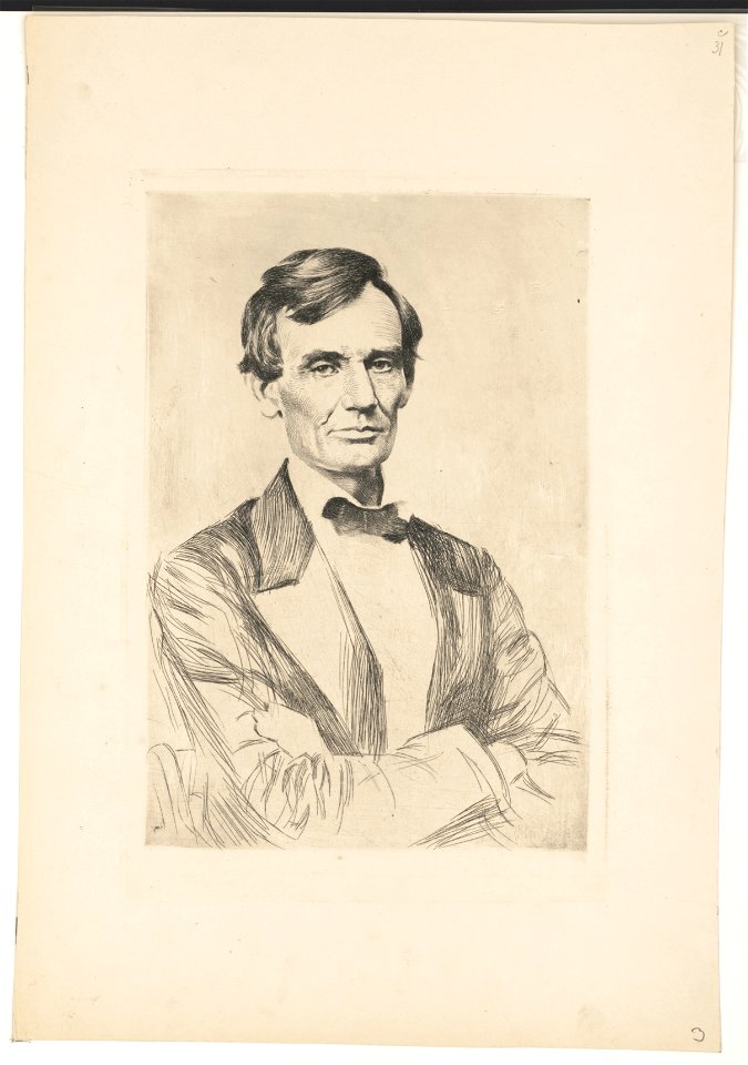 Abraham Lincoln, half-length portrait, facing front, arms folded across chest, seated in chair LCCN2017651504
