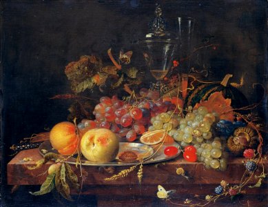 Abraham Mignon - Still life with fruit, tin plate and wine glasses
