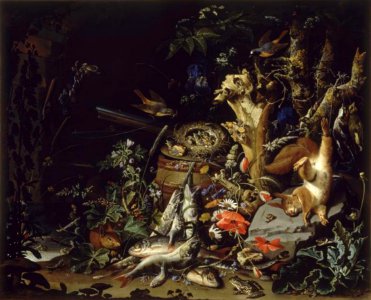 Abraham Mignon - Nest of finches, fish, reptiles and a dead squirrel on a forest floor