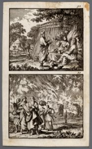 Abraham ontvangt drie engelen, Sara gluurt vanuit de tent, Loth verlaat Sodom, objectnr A 48120