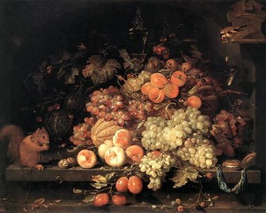 Abraham Mignon - Fruit Still-Life with Squirrel and Goldfinch - WGA15666