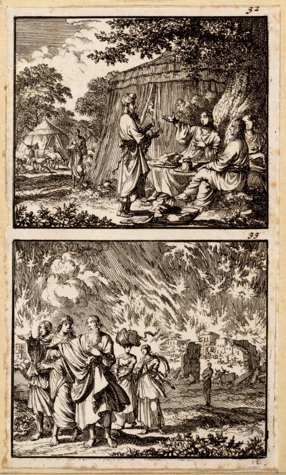 Abraham ontvangt drie engelen, Sara gluurt vanuit de tent, Loth verlaat Sodom, objectnr A 48126