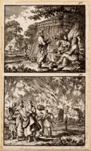 Abraham ontvangt drie engelen, Sara gluurt vanuit de tent, Loth verlaat Sodom, objectnr A 48126