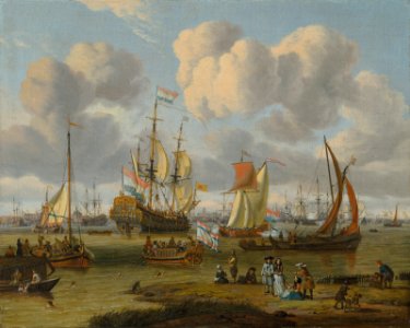 Abraham Storck - Shipping off Amsterdam with figures on a quay 2021 CKS 20054 0145 003