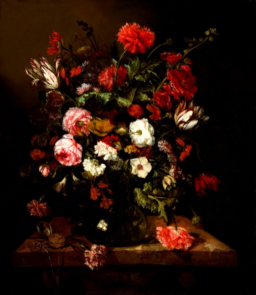 Abraham van Beyeren - Flower Still Life with a Timepiece - 548 - Mauritshuis