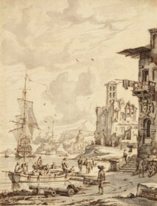 Abraham Storck - Ships at the entrance of a port, the dome of a church in the background