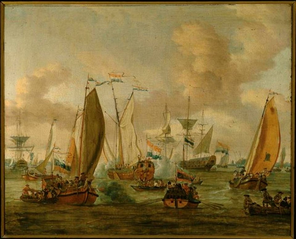 Abraham Storck - Spiegelgevecht op het IJ te Amsterdam ter ere van het bezoek van Tsaar Peter de Grote op 1 september 1697 - os I-742 - Frans Hals Museum