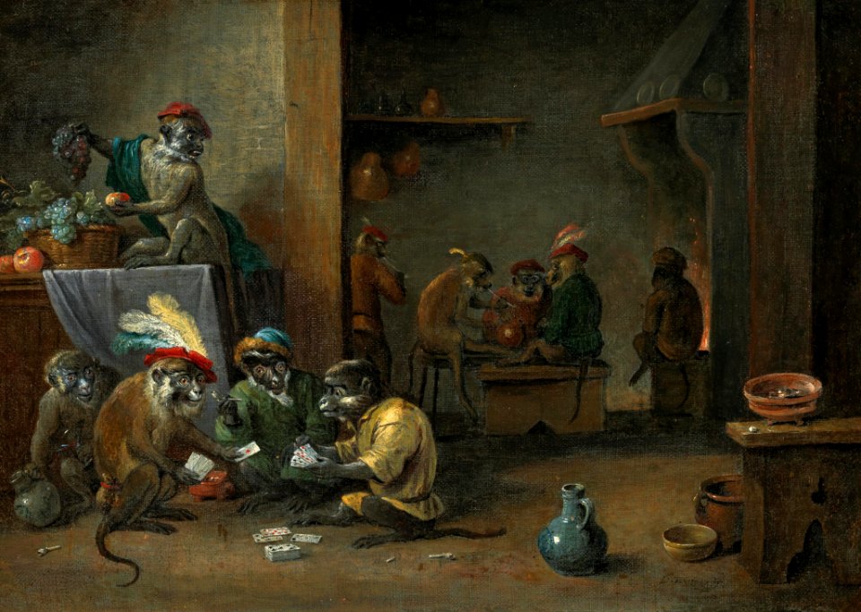 Abraham Teniers (attr) Monkeys playing cards