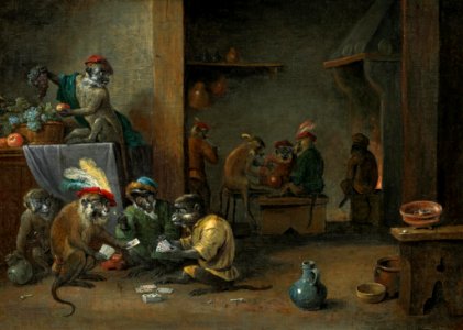 Abraham Teniers (attr) Monkeys playing cards
