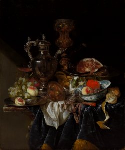 Abraham van Beyeren - Silver Wine Jug, Ham, and Fruit - 1960.80 - Cleveland Museum of Art. Free illustration for personal and commercial use.