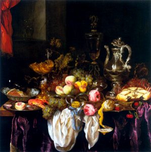 Abraham van Beyeren Still-Life with Fruit, Sea Food, and Precious Tableware. Free illustration for personal and commercial use.
