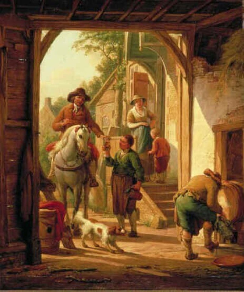 Abraham van Strij (I) - Ruiter, rust houdend voor een dorpsherberg - 1840 (OK) - Museum Boijmans Van Beuningen