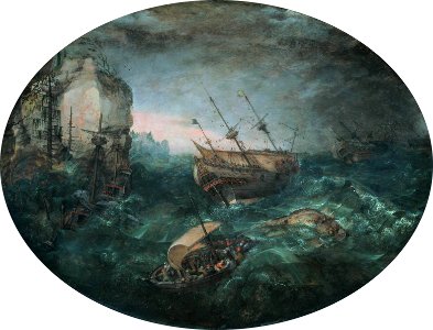 Abraham Willaerts Shipwreck off a Rocky Coast 1614. Free illustration for personal and commercial use.