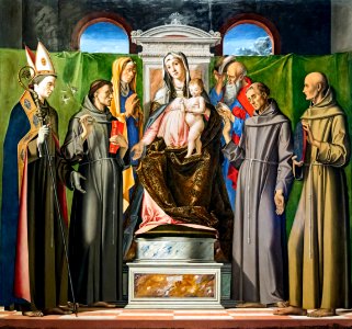 Accademia - Madonna in trono con il Bambino tra i santi Anna, Gioachino, Ludovico da Tolosa, Antoinio da Padova, Francesco et Bernardino da Siena - Alvise Vivarini Cat607