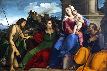 Accademia - Holy Family with Saints Catherine of Alexandria and John the Baptist by Palma il Vecchio. Free illustration for personal and commercial use.