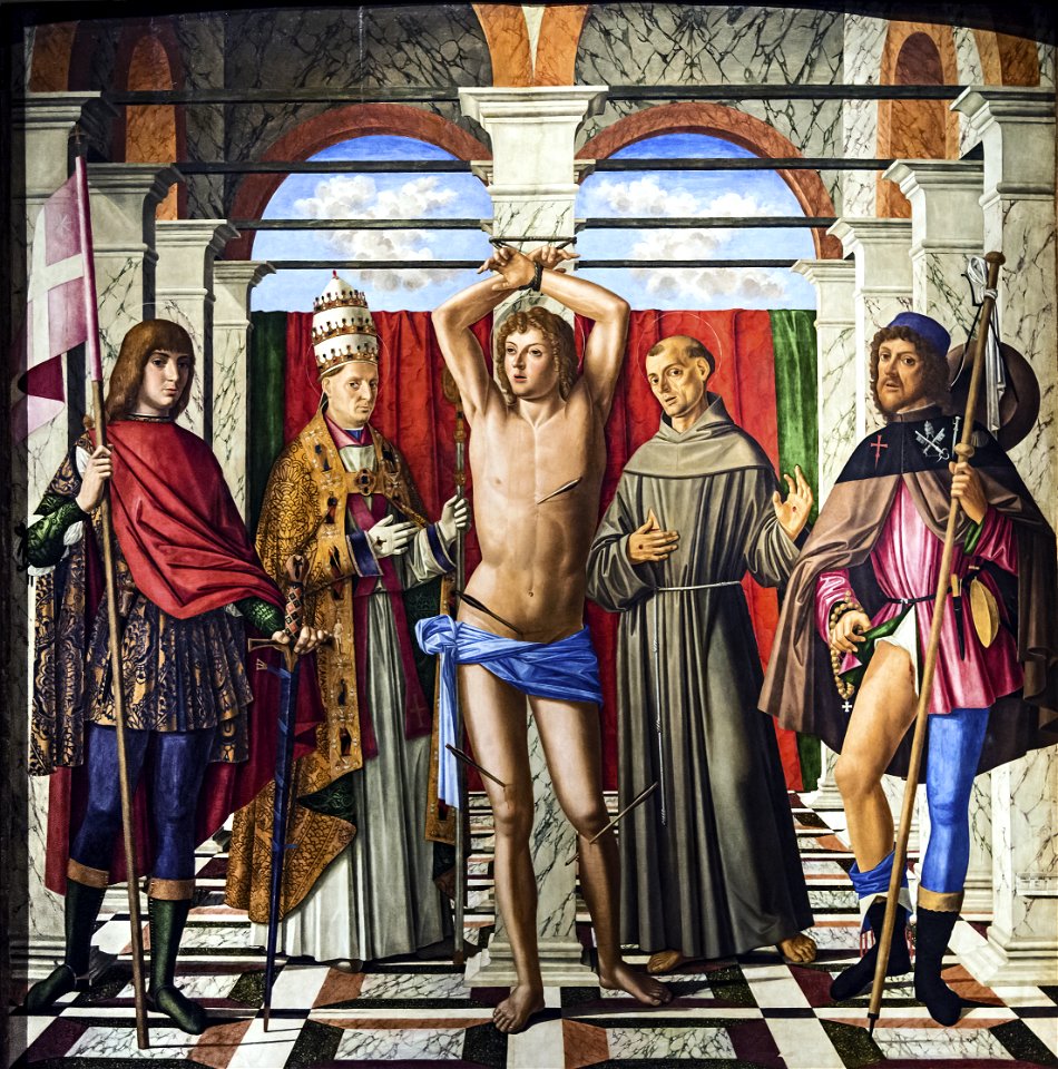 Accademia - San Sebastiano tra i SS. Liberale e Gregorio, Francesco e Rocco, Tavola,203x201, Cat.97 Giovanni Mansueti