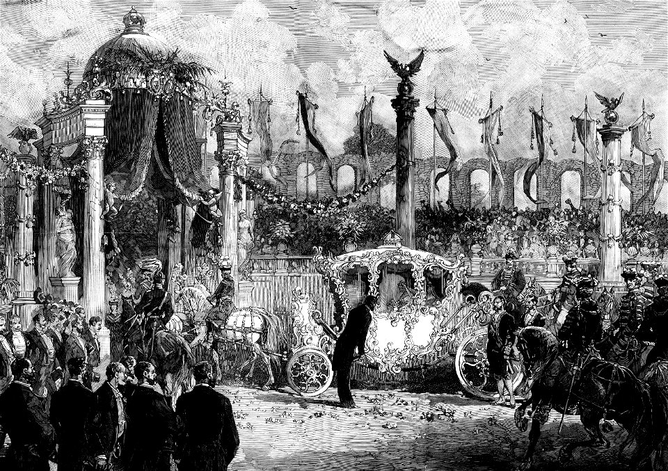 Accueil de la princesse Stéphanie de Belgique par le bourgmestre lors de son mariage avec l’archiduc Rodolphe d’Autriche le 10 mai 1881