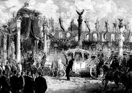 Accueil de la princesse Stéphanie de Belgique par le bourgmestre lors de son mariage avec l’archiduc Rodolphe d’Autriche le 10 mai 1881