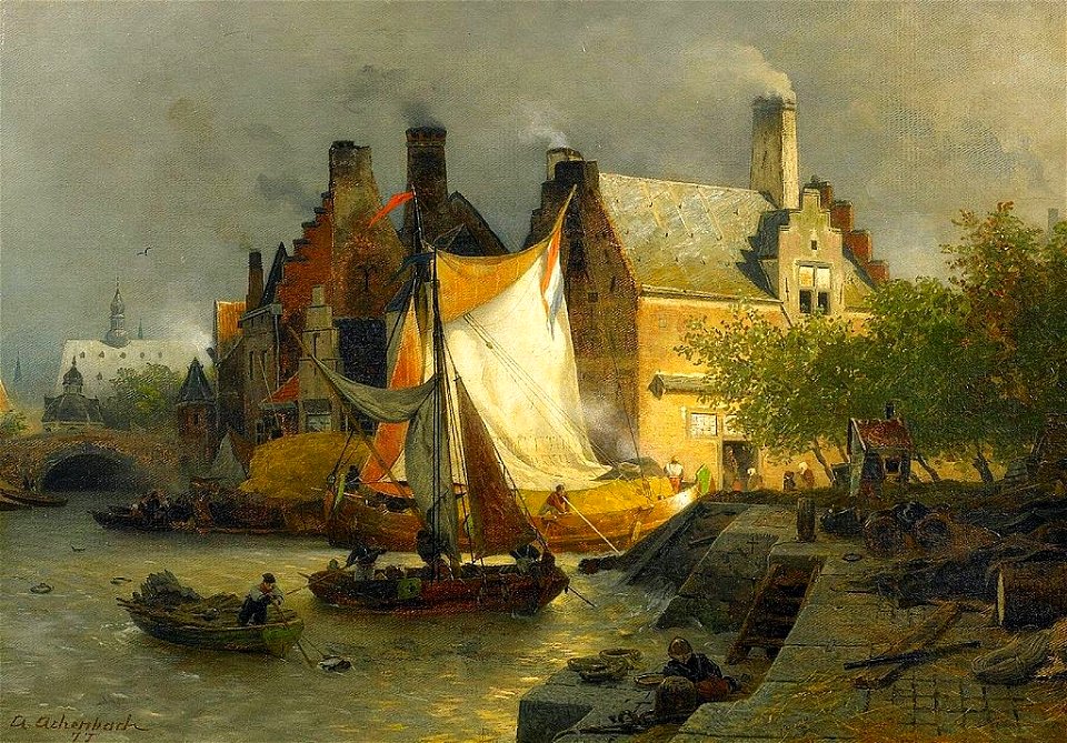Achenbach, Aangemeerde boten in een Hollandse haven