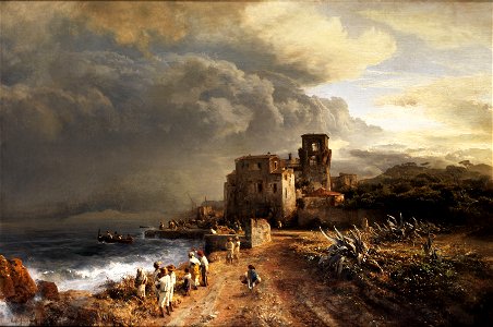 Oswald Achenbach - Verschattete Landschaft am Meer mit Figurenstaffage