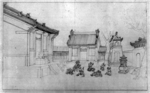 Acrobats with cymbals tumbling in a courtyard at a Buddhist temple, with people placing offerings on an altar on the left, also gates and other temple structures LCCN2011660691