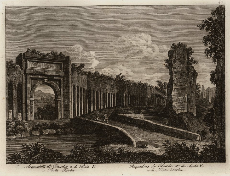 Acquedotti di Claudio e di Sisto V a Porta Furba - Li Monumenti Piú Celebri Di Roma Antica E Moderna Disegnati Da Vero Ed Incisi Dai Migliori Artisti Rome Presso Po - 1850