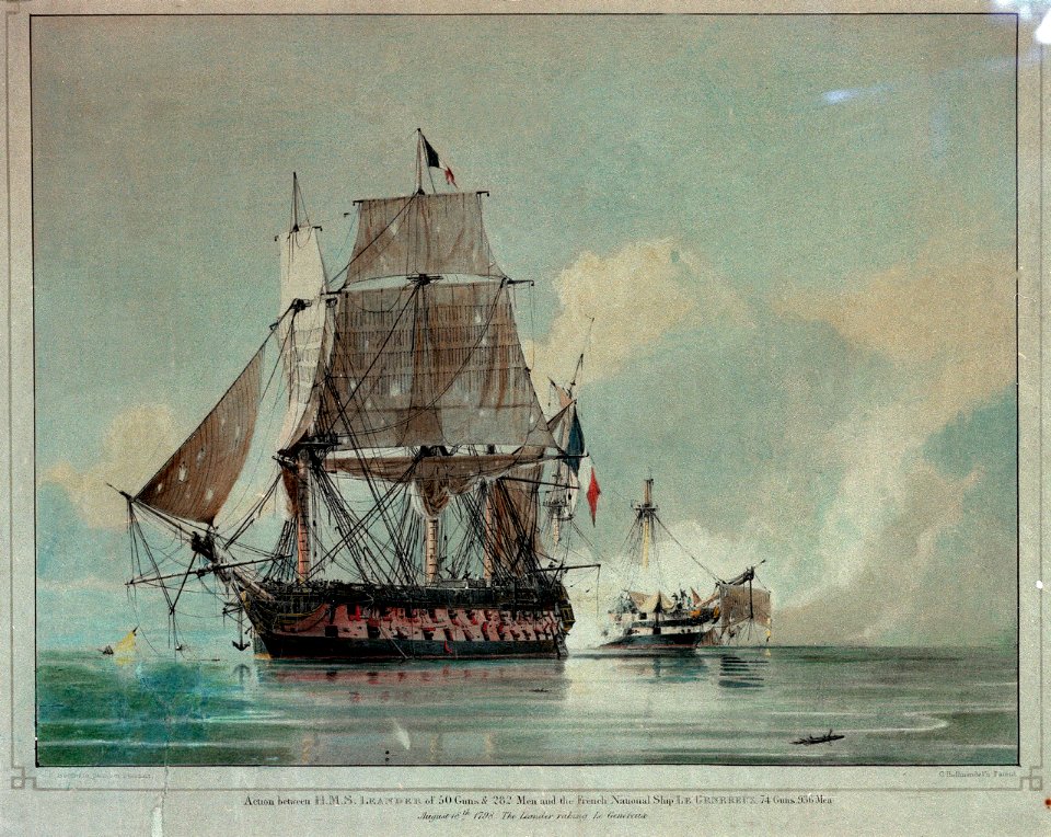 Action between H.M.S. Leander of 50 Guns & 282 Men and the French National Ship Le Genereux 74 Guns, 936 Men August 18th 1798. The Leander raking Le Genereux. RMG PW4705