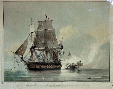 Action between H.M.S. Leander of 50 Guns & 282 Men and the French National Ship Le Genereux 74 Guns, 936 Men August 18th 1798. The Leander raking Le Genereux. RMG PW4705
