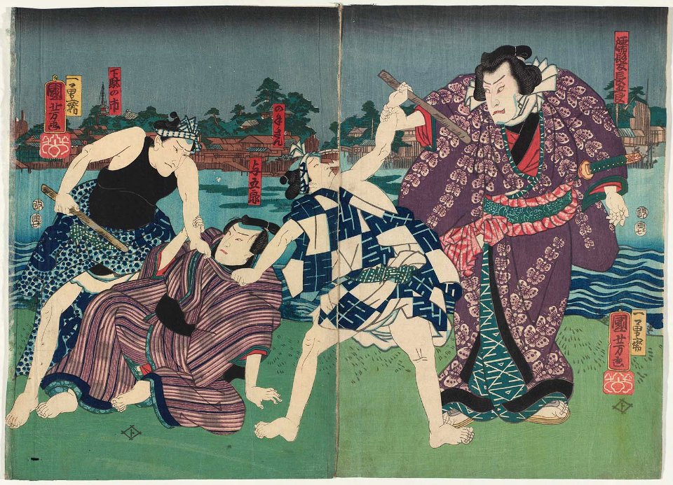 Actors Arashi Kichisaburo III as Nuregami Chogoro and Nakamura Fukusuke I as Yogoro