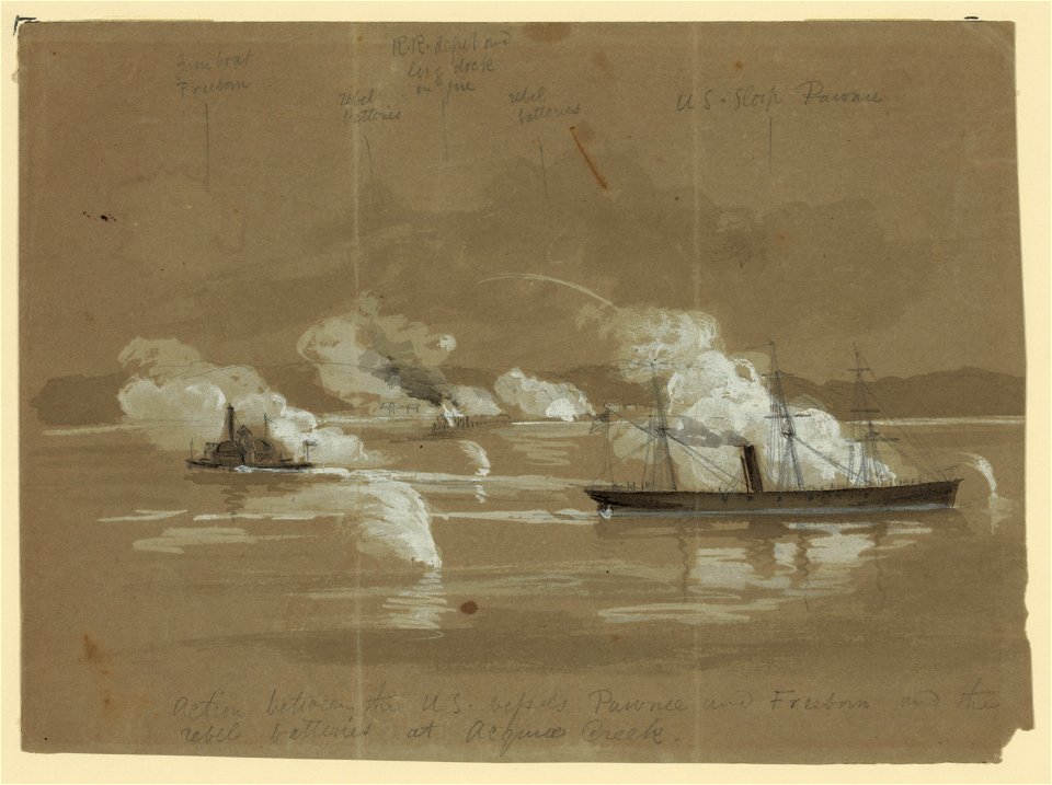 Action between the U.S. vessels Pawnee and Freeborn and the rebel batteries at Acquia (sic) Creek LCCN2004660792
