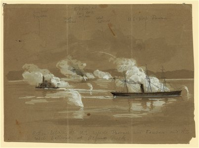 Action between the U.S. vessels Pawnee and Freeborn and the rebel batteries at Acquia (sic) Creek LCCN2004660792