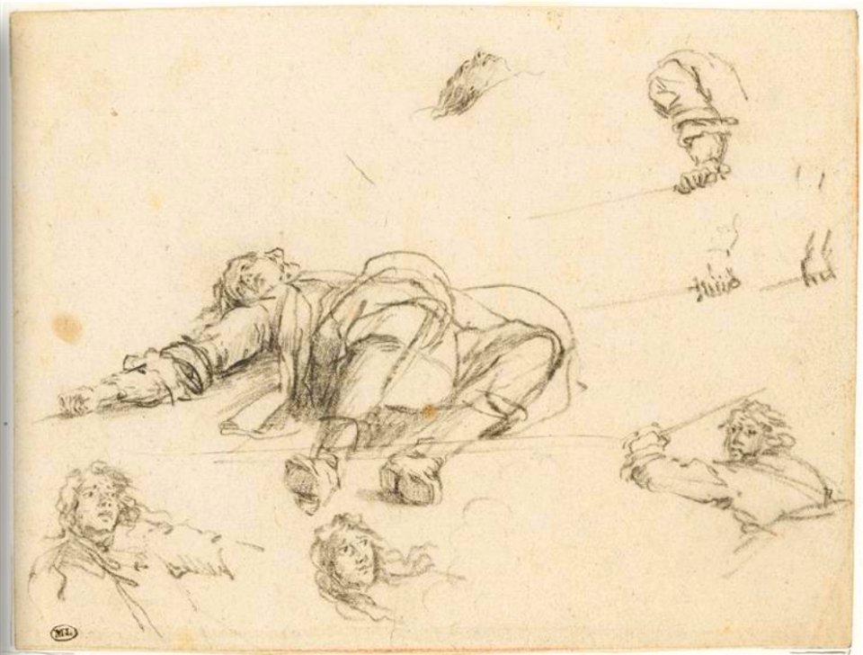 Adam Frans van der Meulen - Dead soldier, three half figures fighting, three hands holding a sword