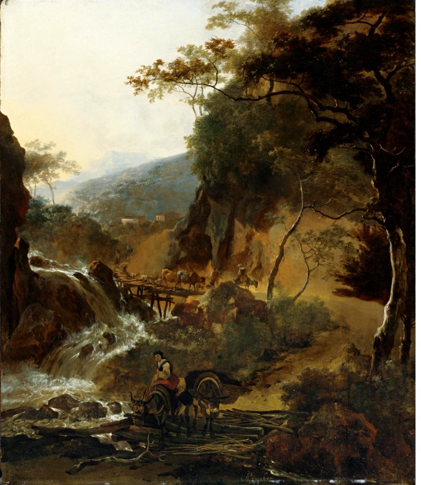 Italianate mountain landscape with shepherds and cattle at a waterfall, Adam Pynacker, 1660