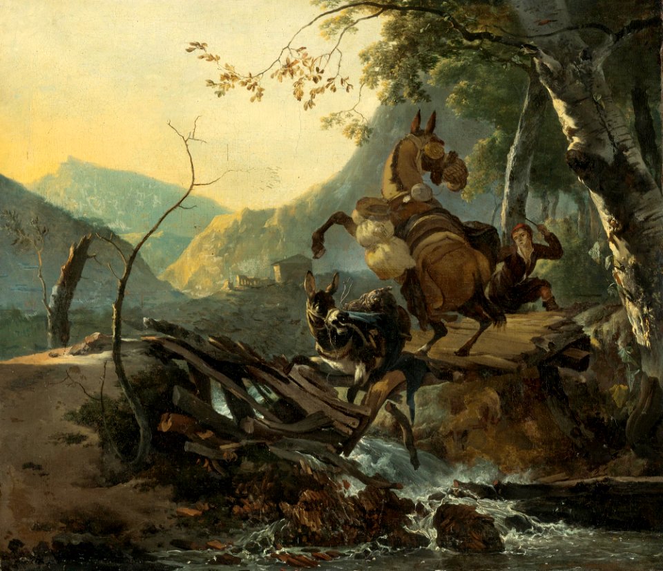 Adam Pijnacker - Italianate Landscape with a Donkey and a Rearing Horse Crossing a Collapsing Bridge 021N08759 5VW3M
