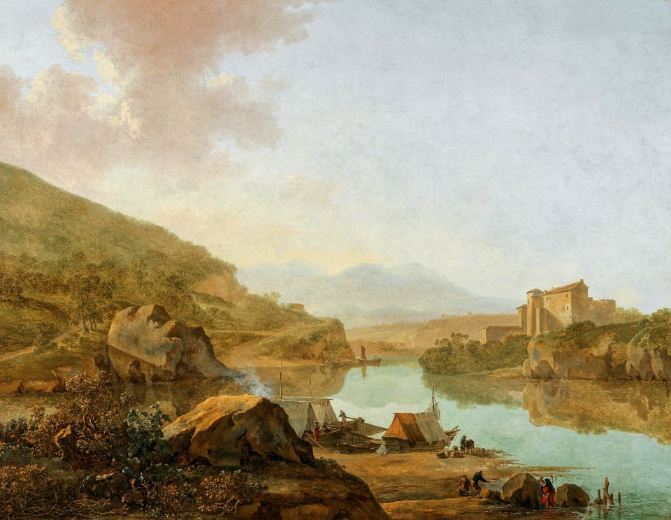 Adam Pijnacker - An extensive Italianate river landscape