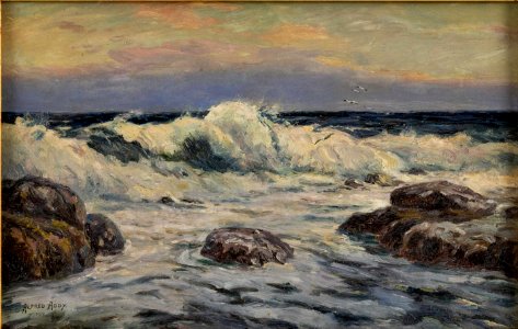 Waves Crashing on the Shore by Alfred Addy, oil on board. Free illustration for personal and commercial use.