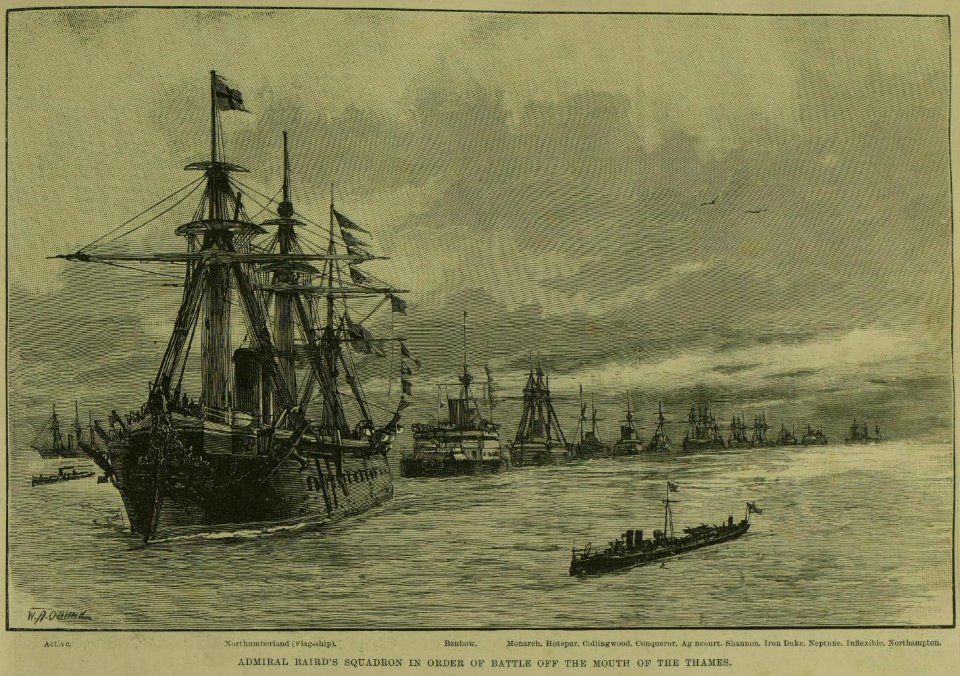 Admiral Baird's Squadron in order of battle off the mouth of The Thames Naval Manoeuvres - ILN 1888