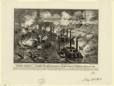 Admiral Porter's fleet running the rebel blockade of the Mississippi at Vicksburg, April 16th 1863 LCCN90708420