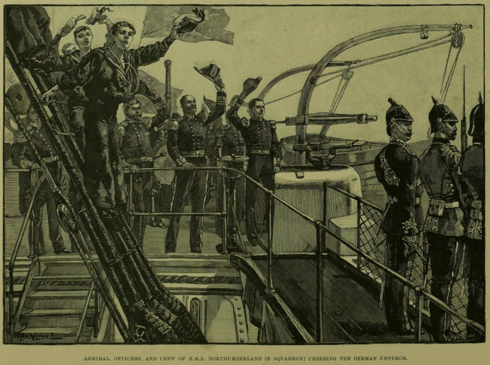 Admiral, officers, and crew of HMS Northumberland (B Squadron) cheering the German Emperor - ILN 1889
