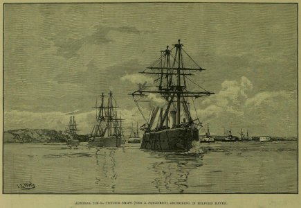 Admiral Sir G. Tryon's ships (the A Squadron) anchoring in Milford Haven - ILN 1889