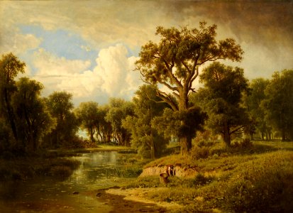 Adolf Chwala Bewaldete Flusslandschaft mit Kräutersucherin
